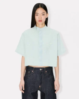 „Kenzo Cartoon“ besticktes Kurzarmhemd aus Stone Bleach Chambray